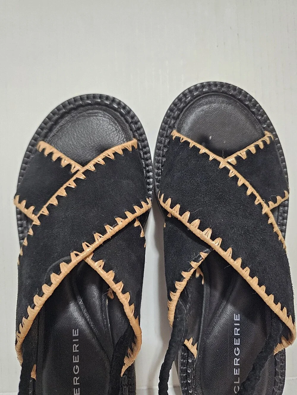 Clergerie Paris Freedom Black Suede Platform Slingback Sandals Whipstitch Sz 37